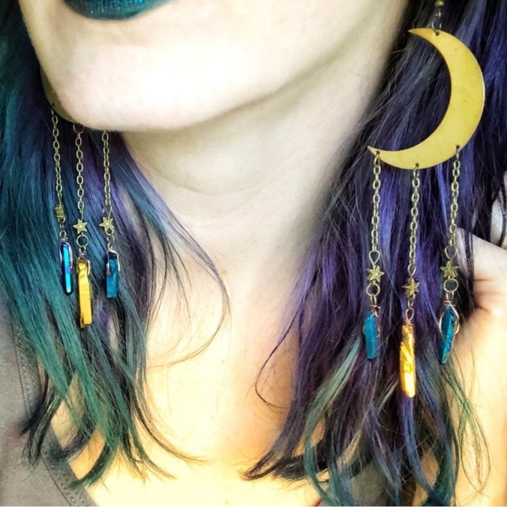 Gold Crescent Moon Earrings w Colorful Aura Quartz Whimsigoth Celestial Witchy